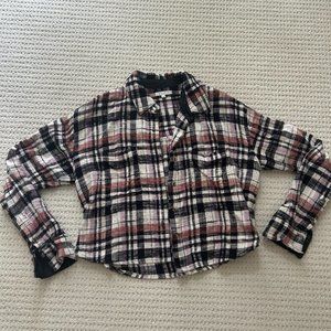 Z Supply Cropped Plaid Button Up With Denim Internal Cuff Detailing